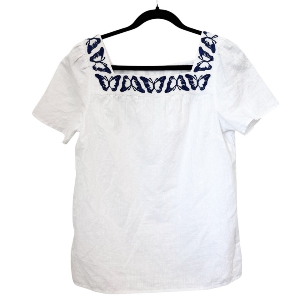 Talbots White Blouse with Navy Butterfly Detail